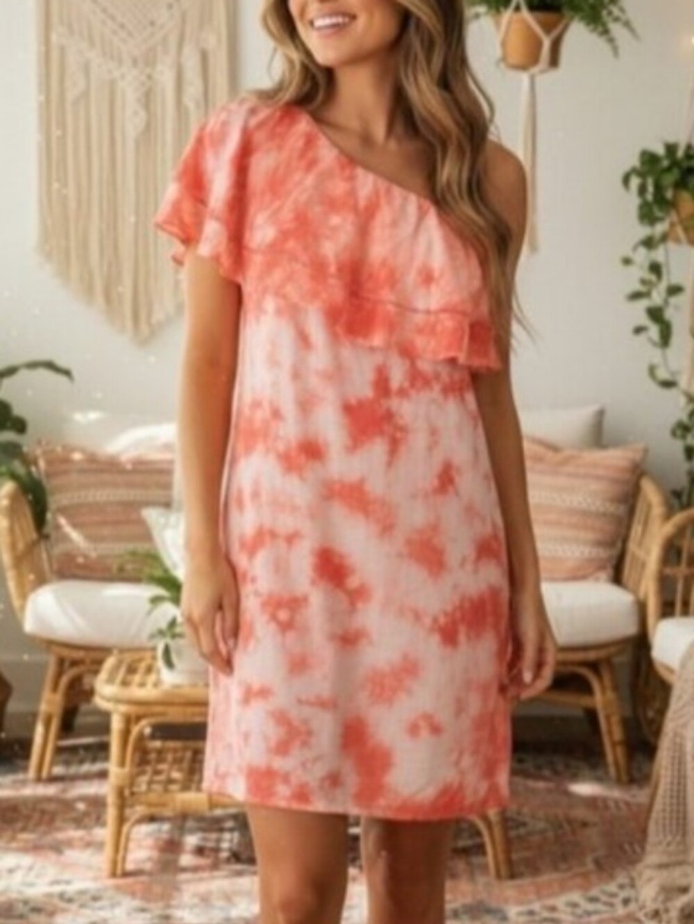 California Moonrise One Shoulder Tie Dye Dress Boho Summer Salmon Orange Small